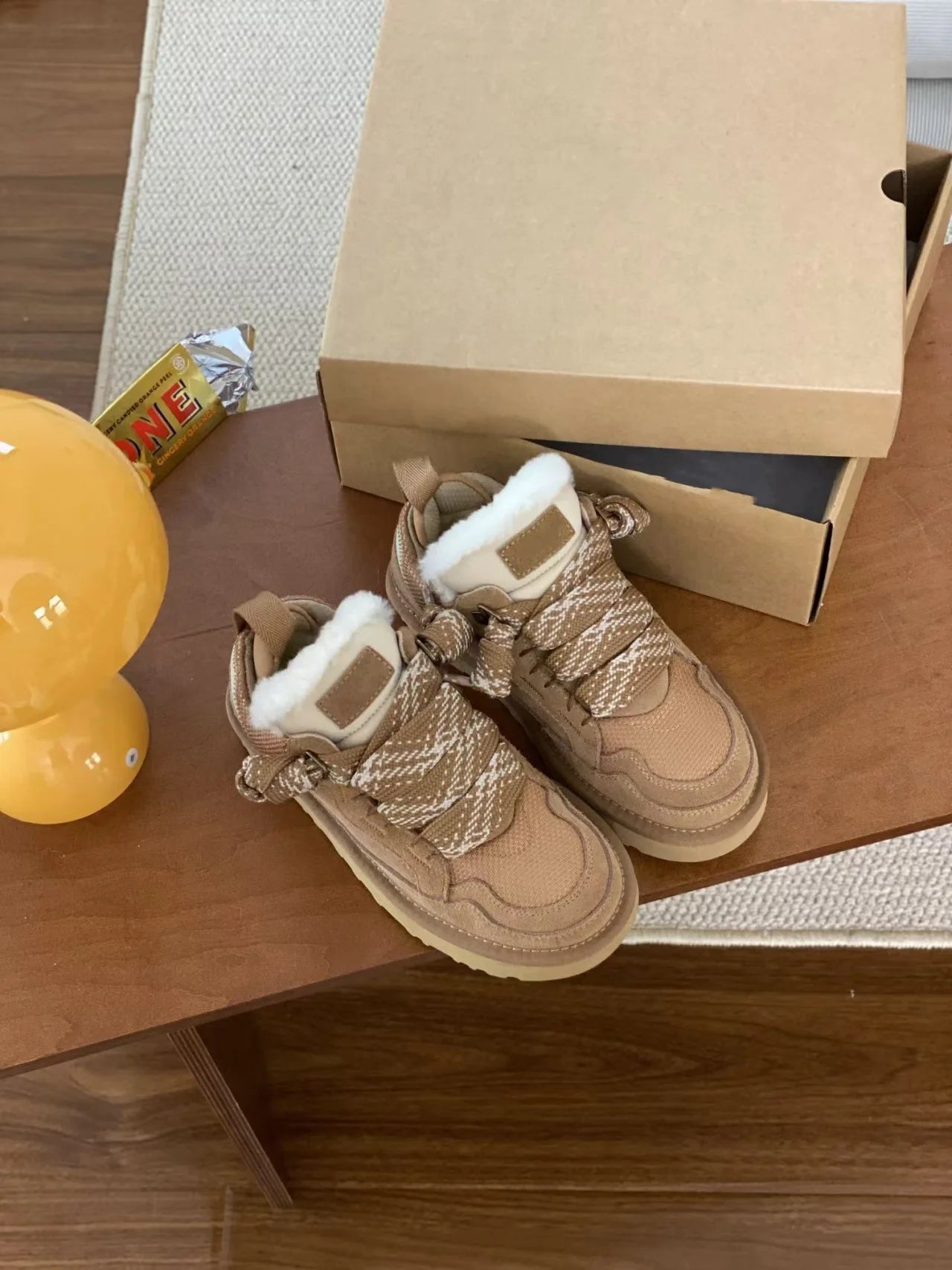 Sheepskin Wool Boots Women's Casual Lace-Up Low-Cut Snow Boots Leather Patchwork round Toe Modern Dance Rubber Outsole Boots