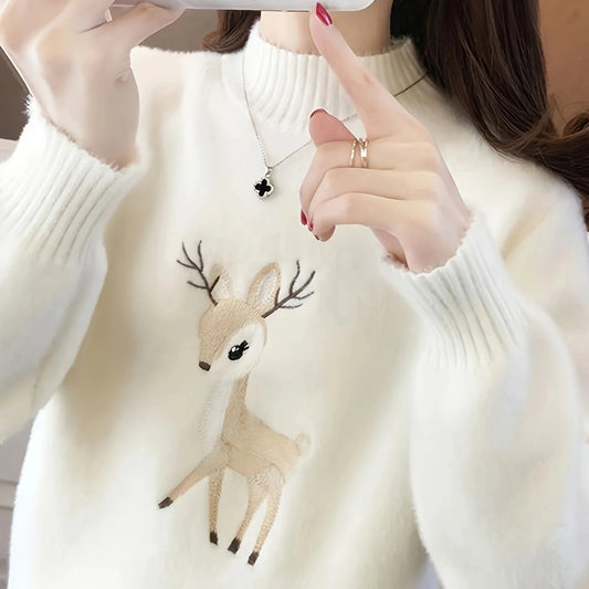 Deer pattern mock turtleneck sweater, cute autumn and winter long sleeve sweater, women's clothing