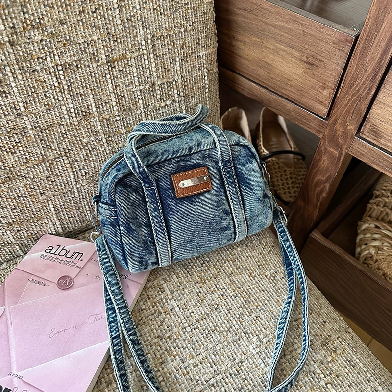 Retro Mini Handbags for Women Denim Fabric Small Shoulder Cross Body Camera Bag Lightweight Casual Street Commute Messenger Bag