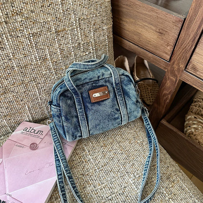 Retro Mini Handbags for Women Denim Fabric Small Shoulder Cross Body Camera Bag Lightweight Casual Street Commute Messenger Bag