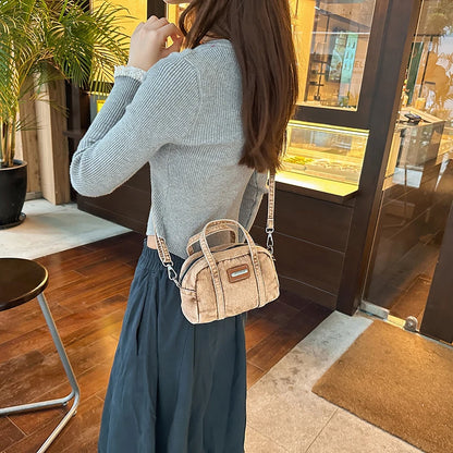 Retro Mini Handbags for Women Denim Fabric Small Shoulder Cross Body Camera Bag Lightweight Casual Street Commute Messenger Bag