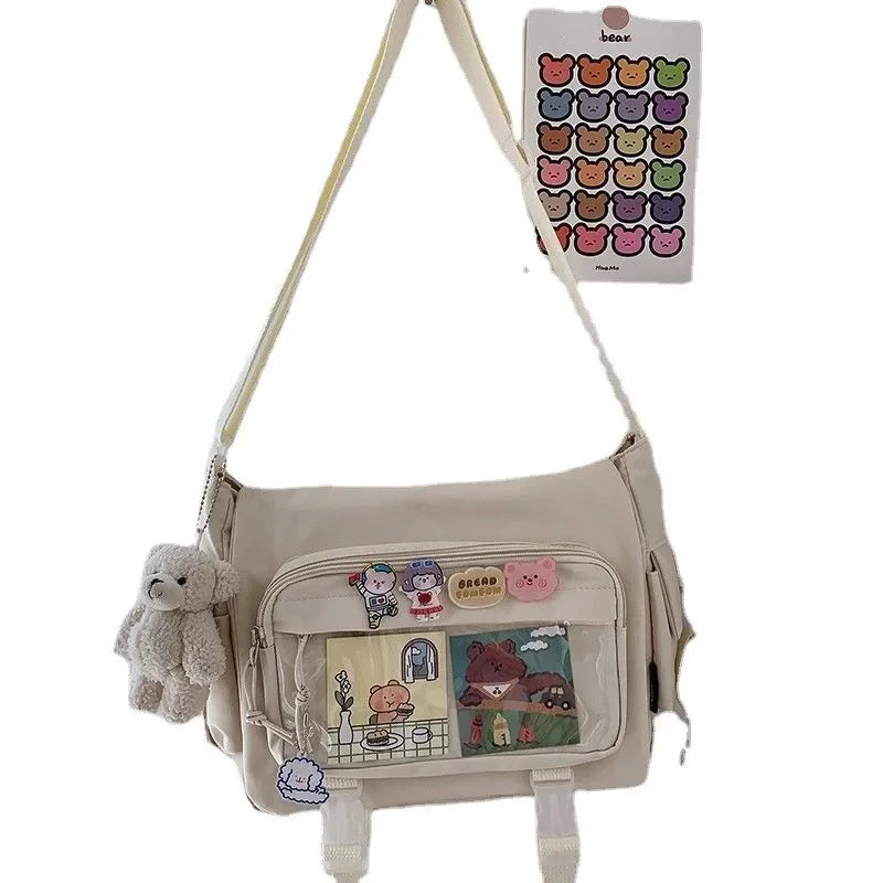 Large capacity student class crossbody canvas bag, women's versatile new Japanese Harajuku solid color mailman shoulder tote bag