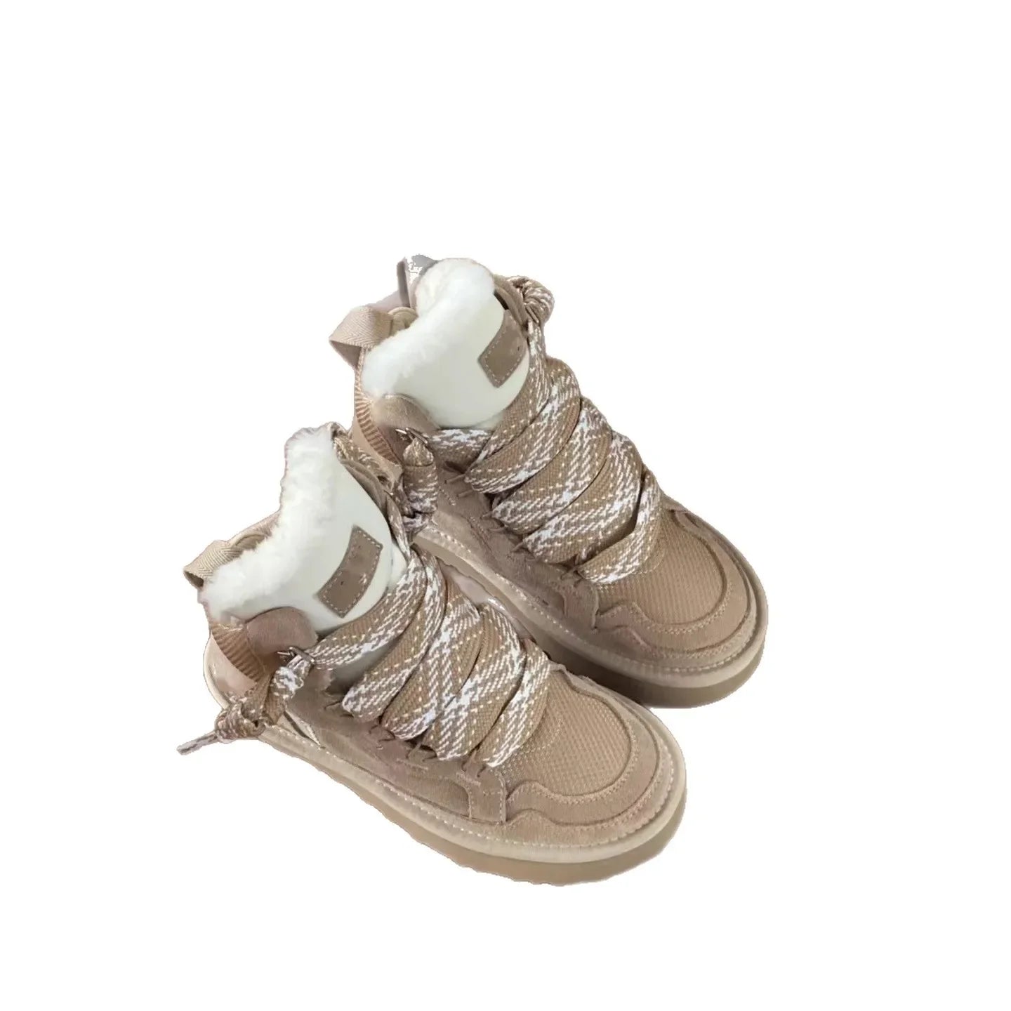 Sheepskin Wool Boots Women's Casual Lace-Up Low-Cut Snow Boots Leather Patchwork round Toe Modern Dance Rubber Outsole Boots