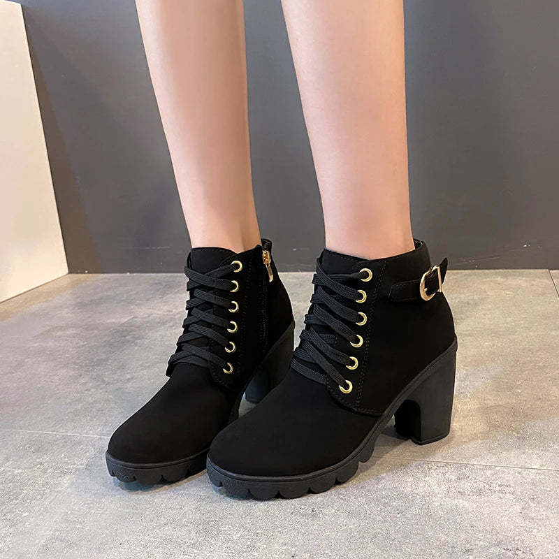 Women's Winter Warm Ankle Boots: Thick Sole & High Heel - Black PU Leather, Side Zipper with Lace-Up Detail, Plain Toe | Chic Ev
