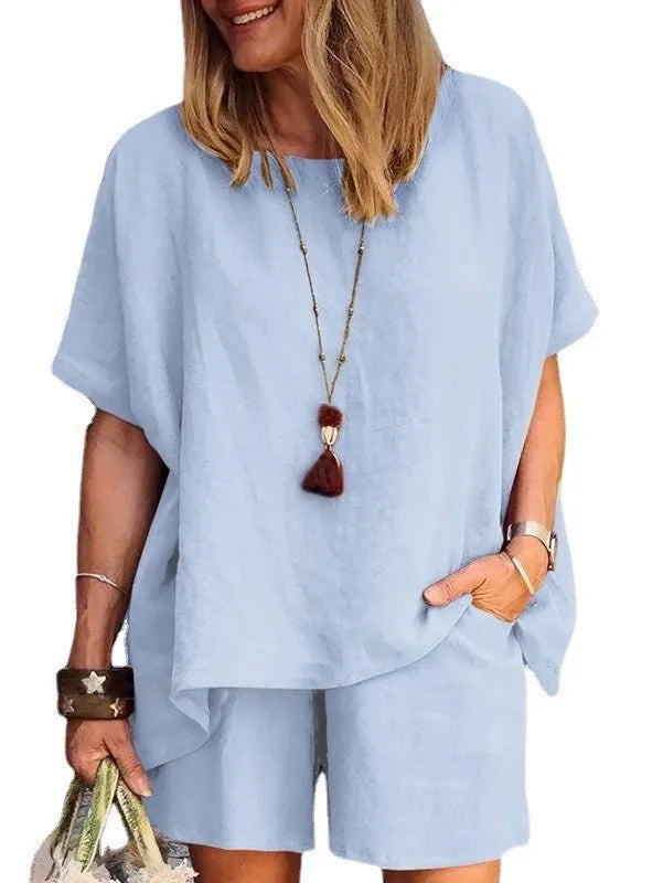 Summer New Cotton Linen Suit Plus Size Casual Sportswear Temperament Fashion Loose Short-sleeved Top Shorts Two-piece Set