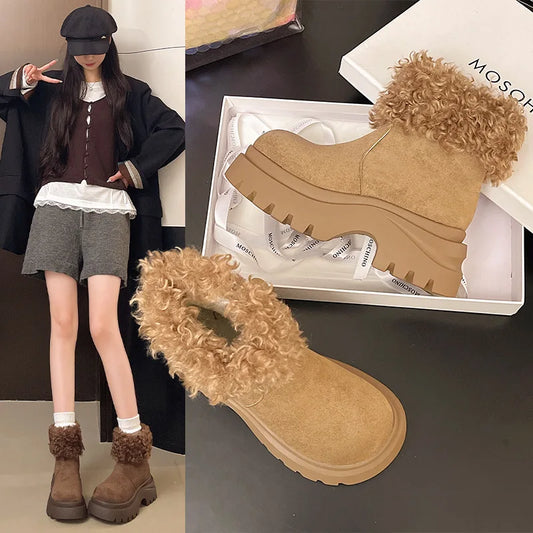 Women's Winter Snow Boots Thickened Heel Warm Fleece Lined Big Head Short Boots Fashionable Cute Rubber Bottom Casual Shoes