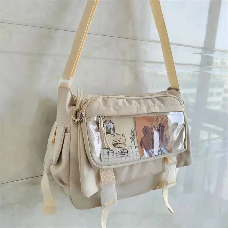 Large capacity student class crossbody canvas bag, women's versatile new Japanese Harajuku solid color mailman shoulder tote bag