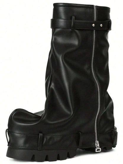 DoraTasia Fashion Women Fold Over Boots Chunky High Heels Mid Calf Platform Punk Gothic Fashion Metallic Motorcycle Shoes Woman