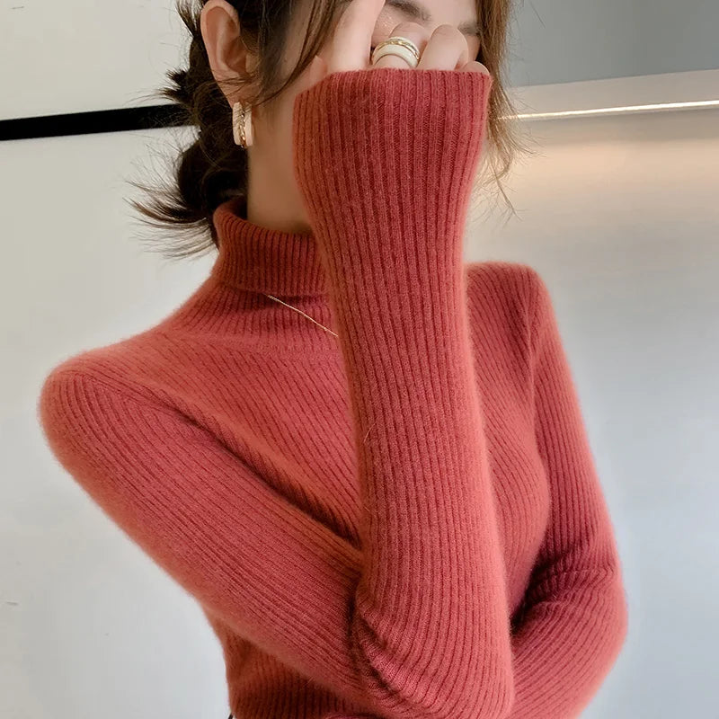 100% cashmere sweater women's knitted pullover sweater high neck solid color slim fit soft cashmere basic women's sweater