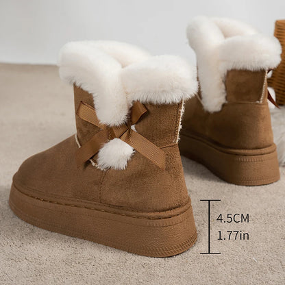 Bowtie Faux Suede Ankle Boots Women Warm Fur Thicken Plush Cotton Padded Snow Boots Thick Sole Chunky Platform Casual Shoes