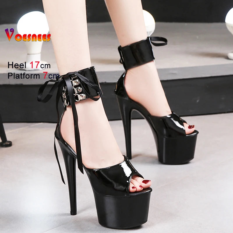 Summer Sexy Modern Women Sandals Ankle Strap Thin Heels Pole Dancing Shoes Platform Nightclub 17CM Super High Heel Party Shoes
