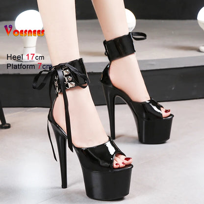 Summer Sexy Modern Women Sandals Ankle Strap Thin Heels Pole Dancing Shoes Platform Nightclub 17CM Super High Heel Party Shoes