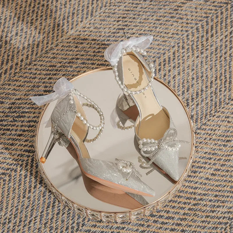 Women High Heeled Sandals Summer Fashion Bow Pearl Woman Pointed Toe Pumps Elegant Woman Sandals Party Lady Shoes