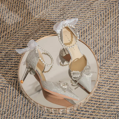 Women High Heeled Sandals Summer Fashion Bow Pearl Woman Pointed Toe Pumps Elegant Woman Sandals Party Lady Shoes