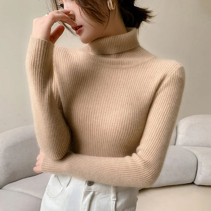 100% cashmere sweater women's knitted pullover sweater high neck solid color slim fit soft cashmere basic women's sweater