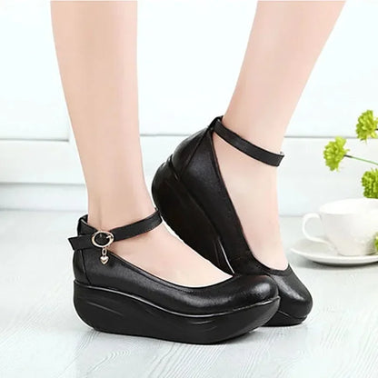 Loveontop Women Work Shoes Platform Spring Autumn Swing Office ElegantBlack Ankle Wedges Comfortable Thick Sole Height Increase