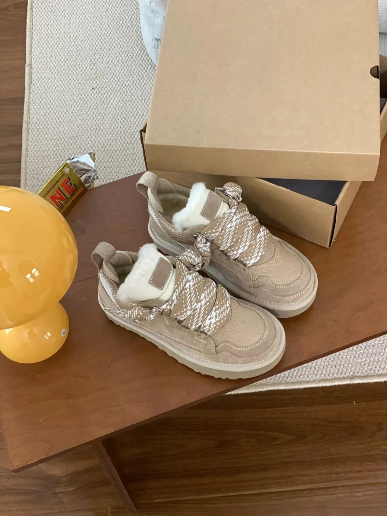 Sheepskin Wool Boots Women's Casual Lace-Up Low-Cut Snow Boots Leather Patchwork round Toe Modern Dance Rubber Outsole Boots