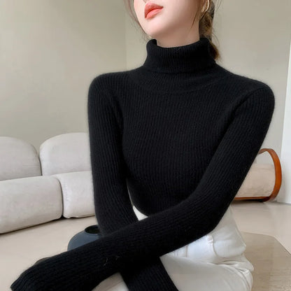 100% cashmere sweater women's knitted pullover sweater high neck solid color slim fit soft cashmere basic women's sweater