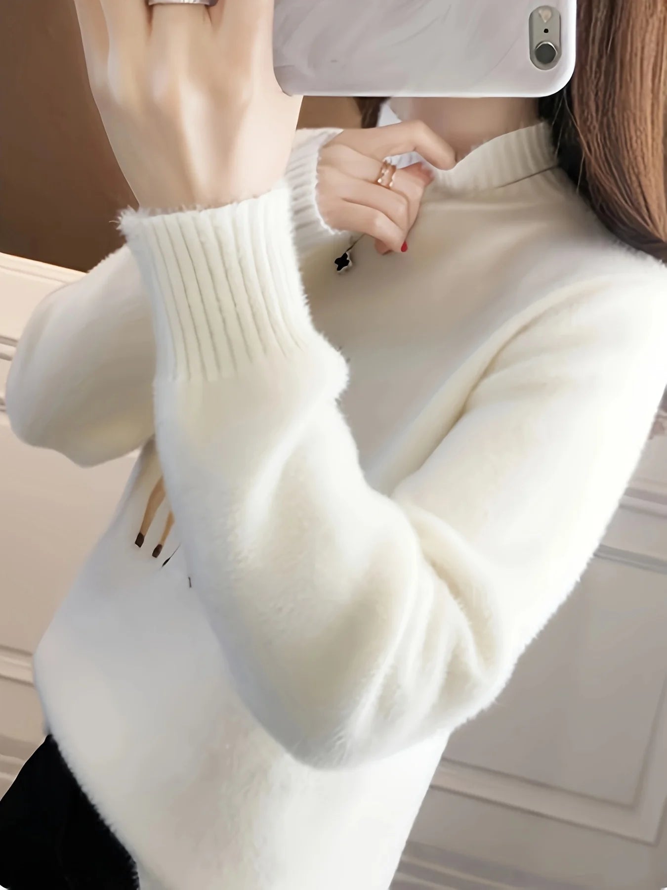 Deer pattern mock turtleneck sweater, cute autumn and winter long sleeve sweater, women's clothing