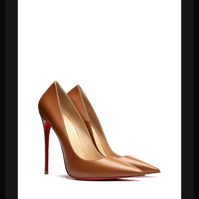 Spring New 12cm Sheep Pattern Brown Etiquette High Heels Women's Thin Heels Pointed Sexy Versatile Single Shoes Women