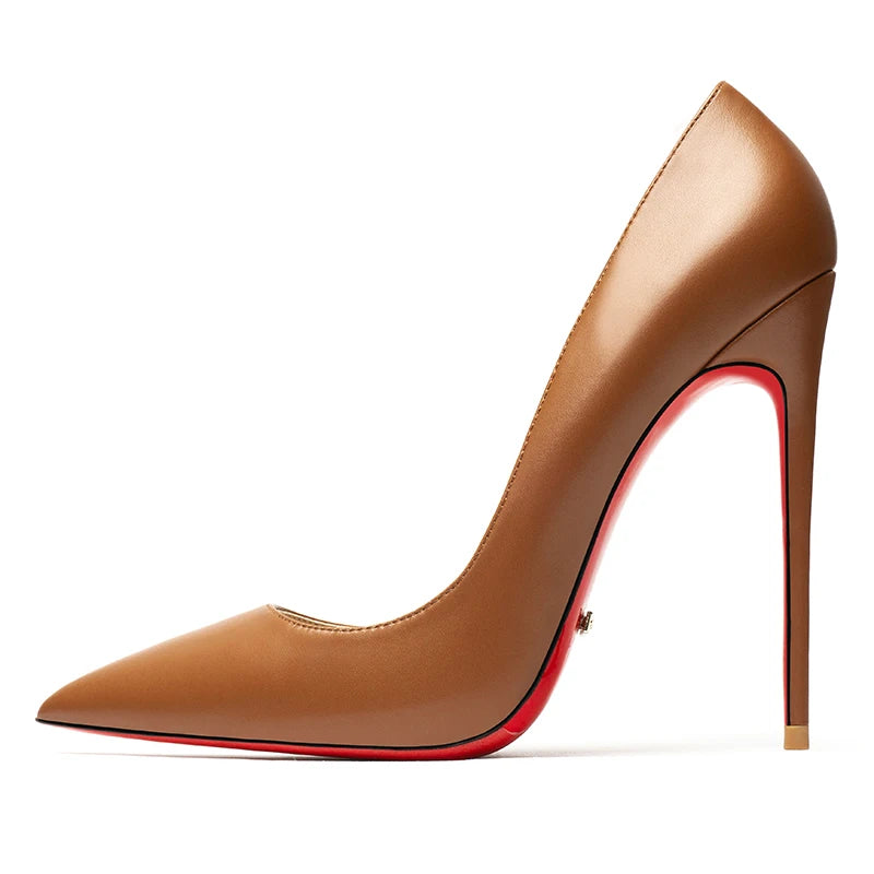 Spring New 12cm Sheep Pattern Brown Etiquette High Heels Women's Thin Heels Pointed Sexy Versatile Single Shoes Women