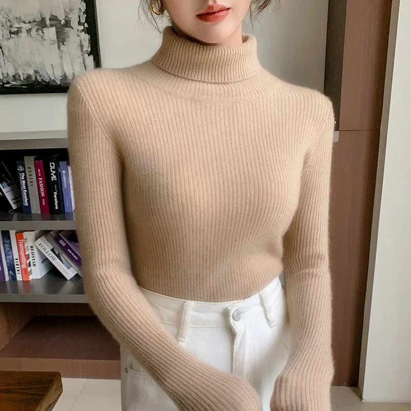 100% cashmere sweater women's knitted pullover sweater high neck solid color slim fit soft cashmere basic women's sweater