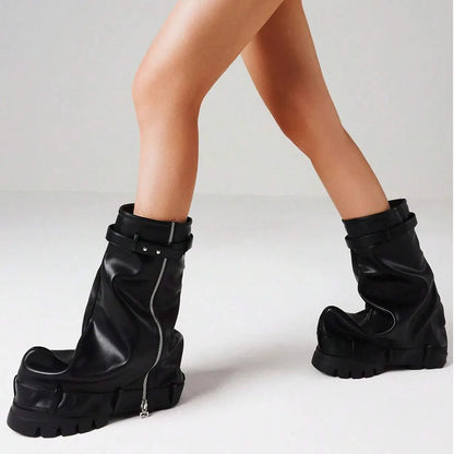DoraTasia Fashion Women Fold Over Boots Chunky High Heels Mid Calf Platform Punk Gothic Fashion Metallic Motorcycle Shoes Woman