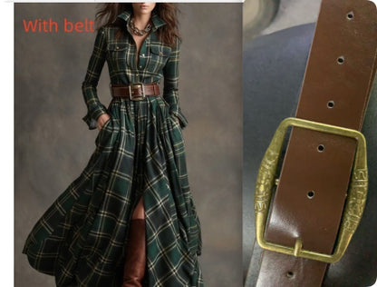 Ins Plaid Print Long-Sleeved Dress Fashion Pockets Collared Buttons Shirt Long Dresses Retro Women's Clothing